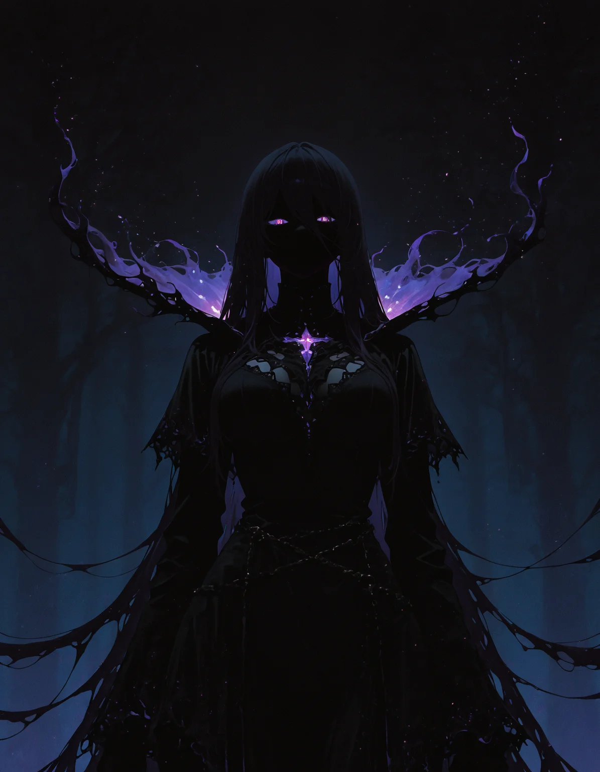 masterpiece, best quality, amazing quality, <lora:DarkFantasy_v3_Buns:0.55>, Shadow Binder, dark flowing attire, shadow tendrils, glowing violet sigils, moonless night, masterpiece, best quality, amazing quality