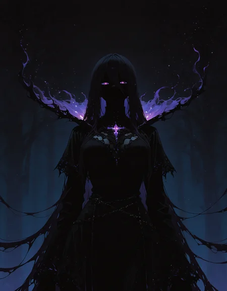 masterpiece, best quality, amazing quality, <lora:DarkFantasy_v3_Buns:0.55>, Shadow Binder, dark flowing attire, shadow tendrils, glowing violet sigils, moonless night, masterpiece, best quality, amazing quality
