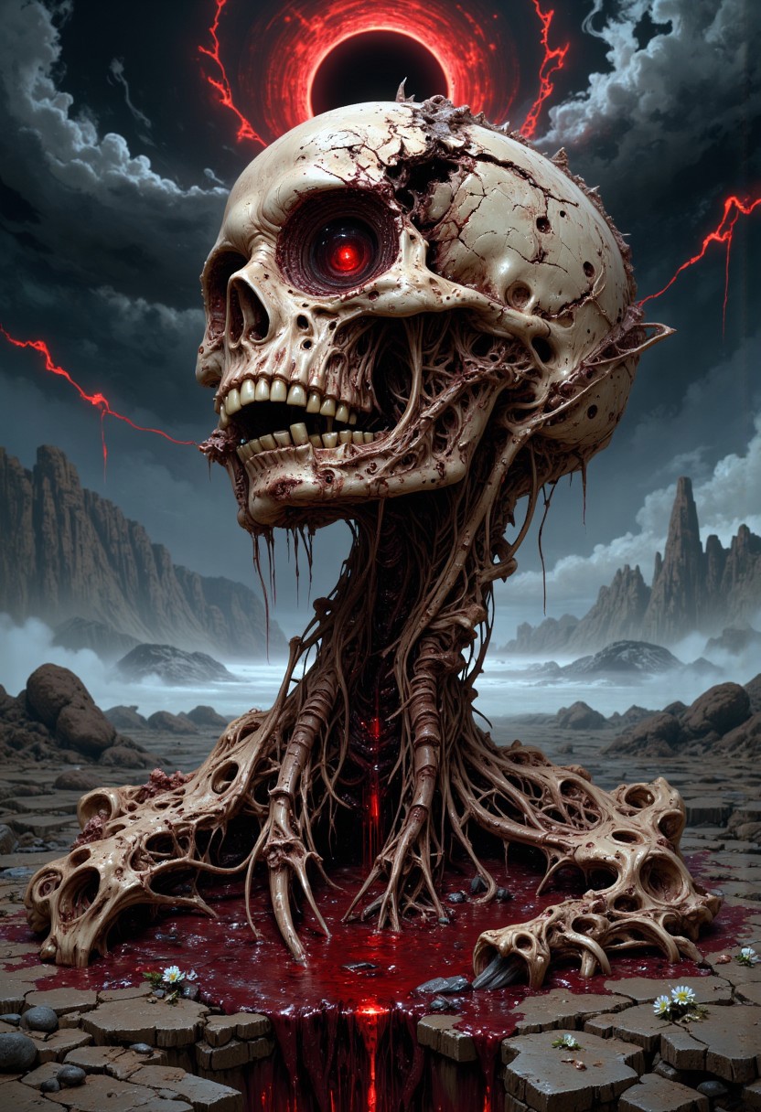 Amid a barren wasteland, where the sky is cloaked in a swirling, oppressive fog, a decaying skull rises from a sinewy column of flesh and bone, half-submerged in thick, oozing blood. The skull, fractured and crumbling, is stitched together with leathery strips of human skin, its surface pale as ivory yet stained with streaks of dark red. The fragments of bone, cracked and worn, whisper of forgotten stories of life and suffering, each break and fissure a testament to survival. Dripping from hollow eye sockets and a gaping mouth, a black, oily substance mingles with the blood below, forming pools around the skull's base. Yet, amidst the decay, there is a subtle glow—a single, soft pulse of warmth from deep within the skull’s core, as if some fragment of life still lingers in the hollow depths. Above, the sky splits with a hauntingly beautiful eclipse—a black sun haloed by crimson light, casting brief beams of warmth across the land. Streaks of blood-red lightning flash sporadically, illuminating the endless wasteland of death and despair. But in those fleeting moments of light, the fog thins, revealing small, delicate flowers of bone-white petals blooming from the cracked earth. These fragile blooms stretch toward the fading light, symbols of resilience amidst the sorrow. They are a silent reminder that even in the darkest corners, a spark of hope and beauty can persist, defying the overwhelming pull of decay.