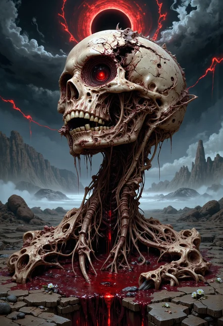 Amid a barren wasteland, where the sky is cloaked in a swirling, oppressive fog, a decaying skull rises from a sinewy column of flesh and bone, half-submerged in thick, oozing blood. The skull, fractured and crumbling, is stitched together with leathery strips of human skin, its surface pale as ivory yet stained with streaks of dark red. The fragments of bone, cracked and worn, whisper of forgotten stories of life and suffering, each break and fissure a testament to survival. Dripping from hollow eye sockets and a gaping mouth, a black, oily substance mingles with the blood below, forming pools around the skull's base. Yet, amidst the decay, there is a subtle glow—a single, soft pulse of warmth from deep within the skull’s core, as if some fragment of life still lingers in the hollow depths. Above, the sky splits with a hauntingly beautiful eclipse—a black sun haloed by crimson light, casting brief beams of warmth across the land. Streaks of blood-red lightning flash sporadically, illuminating the endless wasteland of death and despair. But in those fleeting moments of light, the fog thins, revealing small, delicate flowers of bone-white petals blooming from the cracked earth. These fragile blooms stretch toward the fading light, symbols of resilience amidst the sorrow. They are a silent reminder that even in the darkest corners, a spark of hope and beauty can persist, defying the overwhelming pull of decay.