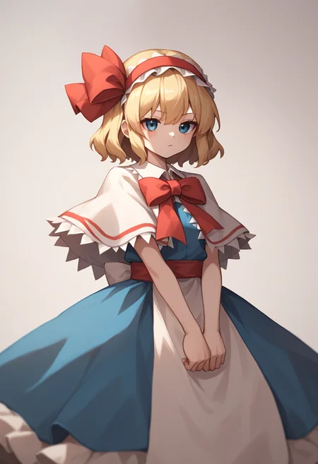 score_9,score_8_up,score_7_up,<lora:Touhou_pony:1>,alice_margatroid,touhou,1girl,blue_dress,red_hairband,white_capelet,lolita_hairband,hair_bow,red_bowtie,