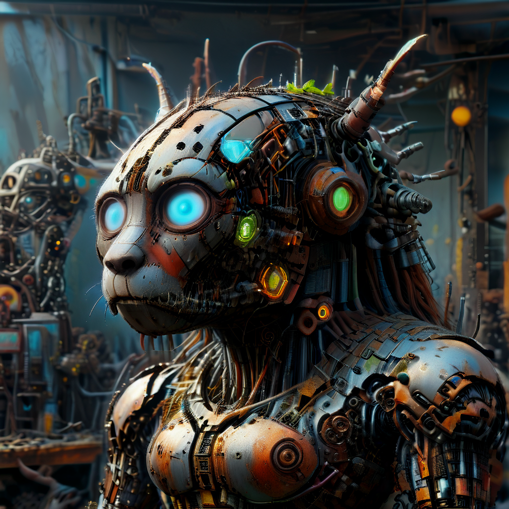 4k, extremely detailed wide view of amazing scene, Golem,Golden Retriever, a close - up of a gundam head, drawn by robbie trevino, poster, forty - five degree perspective composition, sketch, digital art, comic art, concept art, ((exaggerated caricature)) of ((humorous scrap metal androids fused with blue glowing neon)), ((comical proportions)), ((expressive features)), ((cartoon style)), in ((whimsical highly detailed cyber)) with ((humorous details)), ((playful atmosphere)), ((drawn in editorial cartoon style)), ((using dynamic sketching technique)), ((exaggerated art)), ((comic artistry)), ((professional caricature)), with ((humorous thought bubbles effects)), ((exaggerated facial features)), ((comic charm)), ((playful energy)), (HD, masterpiece, best quality, hyper detailed, ultra detailed, super realistic),amazing, evi@decrepPunk, ais-scrapyrd, scrapbuiltai, add-detail-xl, Rusted, rusted landscape<lora:sdxl\rust\concept_worldmorph_decrepPunk_SDXL_v1-evi@decrepPunk.safetensors:1.31:1.31> <lora:sdxl\rust\Scrapyard_Style_SDXL.safetensors:0.8300000000000001:0.8300000000000001> <lora:sdxl\rust\ScrapBuiltAIp.safetensors:1.28:1.28> <lora:sdxl\enhancment\add-detail-xl.safetensors:1.0:1.0> <lora:sdxl\rust\Rusted_landscape_SDXL.safetensors:0.8300000000000001:0.8300000000000001>