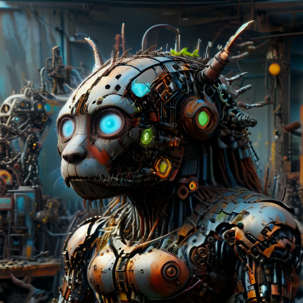 4k, extremely detailed wide view of amazing scene, Golem,Golden Retriever, a close - up of a gundam head, drawn by robbie trevino, poster, forty - five degree perspective composition, sketch, digital art, comic art, concept art, ((exaggerated caricature)) of ((humorous scrap metal androids fused with blue glowing neon)), ((comical proportions)), ((expressive features)), ((cartoon style)), in ((whimsical highly detailed cyber)) with ((humorous details)), ((playful atmosphere)), ((drawn in editorial cartoon style)), ((using dynamic sketching technique)), ((exaggerated art)), ((comic artistry)), ((professional caricature)), with ((humorous thought bubbles effects)), ((exaggerated facial features)), ((comic charm)), ((playful energy)), (HD, masterpiece, best quality, hyper detailed, ultra detailed, super realistic),amazing, evi@decrepPunk, ais-scrapyrd, scrapbuiltai, add-detail-xl, Rusted, rusted landscape<lora:sdxl\rust\concept_worldmorph_decrepPunk_SDXL_v1-evi@decrepPunk.safetensors:1.31:1.31> <lora:sdxl\rust\Scrapyard_Style_SDXL.safetensors:0.8300000000000001:0.8300000000000001> <lora:sdxl\rust\ScrapBuiltAIp.safetensors:1.28:1.28> <lora:sdxl\enhancment\add-detail-xl.safetensors:1.0:1.0> <lora:sdxl\rust\Rusted_landscape_SDXL.safetensors:0.8300000000000001:0.8300000000000001>