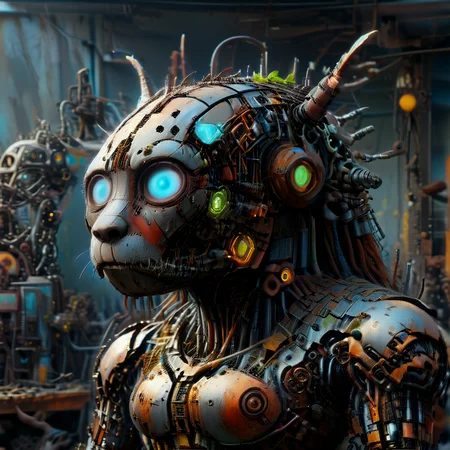 4k, extremely detailed wide view of amazing scene, Golem,Golden Retriever, a close - up of a gundam head, drawn by robbie trevino, poster, forty - five degree perspective composition, sketch, digital art, comic art, concept art, ((exaggerated caricature)) of ((humorous scrap metal androids fused with blue glowing neon)), ((comical proportions)), ((expressive features)), ((cartoon style)), in ((whimsical highly detailed cyber)) with ((humorous details)), ((playful atmosphere)), ((drawn in editorial cartoon style)), ((using dynamic sketching technique)), ((exaggerated art)), ((comic artistry)), ((professional caricature)), with ((humorous thought bubbles effects)), ((exaggerated facial features)), ((comic charm)), ((playful energy)), (HD, masterpiece, best quality, hyper detailed, ultra detailed, super realistic),amazing, evi@decrepPunk, ais-scrapyrd, scrapbuiltai, add-detail-xl, Rusted, rusted landscape<lora:sdxl\rust\concept_worldmorph_decrepPunk_SDXL_v1-evi@decrepPunk.safetensors:1.31:1.31> <lora:sdxl\rust\Scrapyard_Style_SDXL.safetensors:0.8300000000000001:0.8300000000000001> <lora:sdxl\rust\ScrapBuiltAIp.safetensors:1.28:1.28> <lora:sdxl\enhancment\add-detail-xl.safetensors:1.0:1.0> <lora:sdxl\rust\Rusted_landscape_SDXL.safetensors:0.8300000000000001:0.8300000000000001>