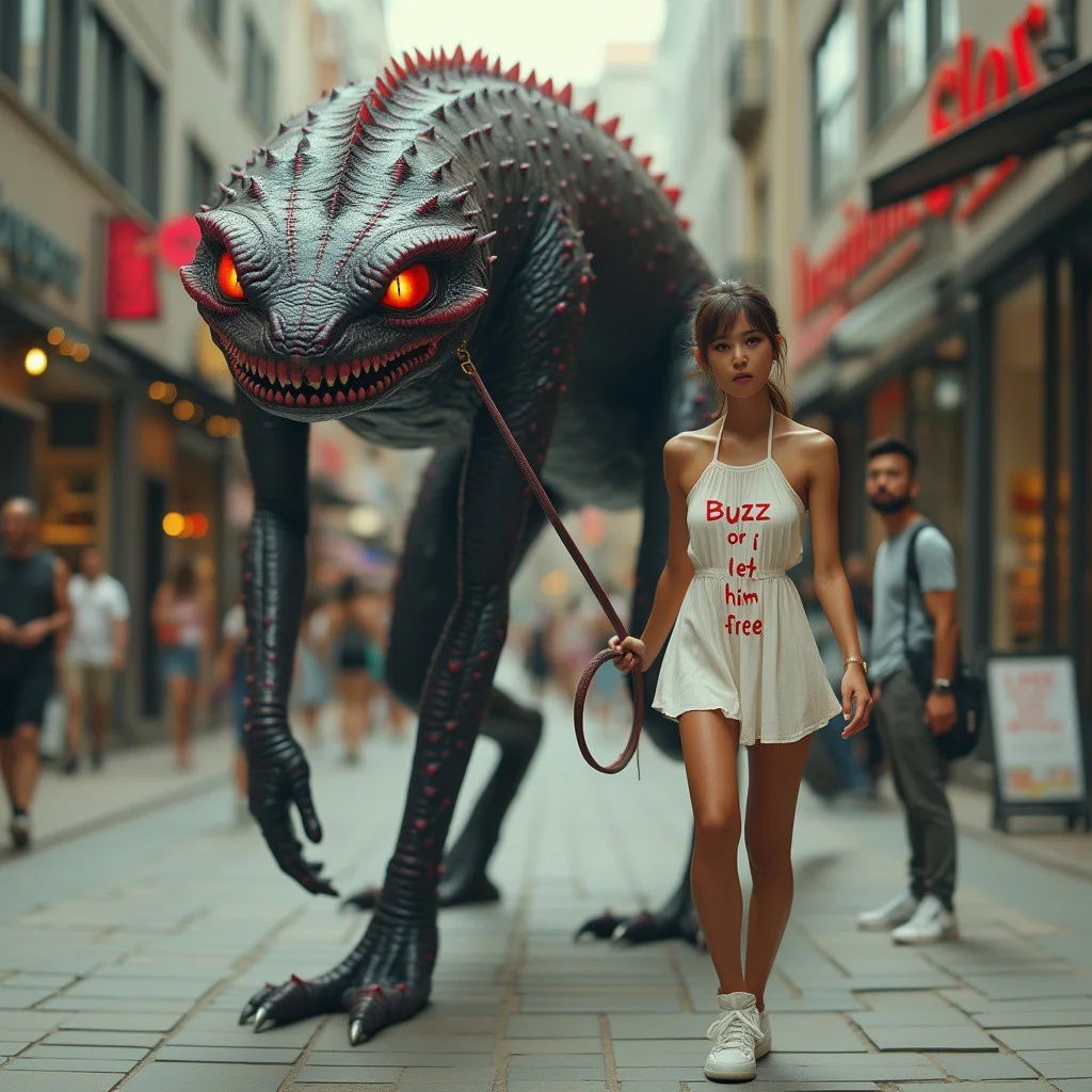basx. Ultra realistic, detailed textures, masterpiece, ultra defined colors, 8k, wide-angle shot,bird's eye view. The camera captures the petite woman, adorned in a casual white thin loose halter pleated mini dress, with handwritten red text "Buzz or I let him free" and sneakers, as she confidently holds the leash of her monstrous pet basilisk, through a modern bustling urban square. The mythical creature towers above her, its black body glistening with red and purple shiny scales, while its glowing fire-orange eyes seem to pierce the viewer The surrounding stores and buildings frame the scene, with shoppers and passersby blurred in the background, as the unlikely duo navigates the busy street. basx, skin texture style, realism, detailed, aidmamj6.1