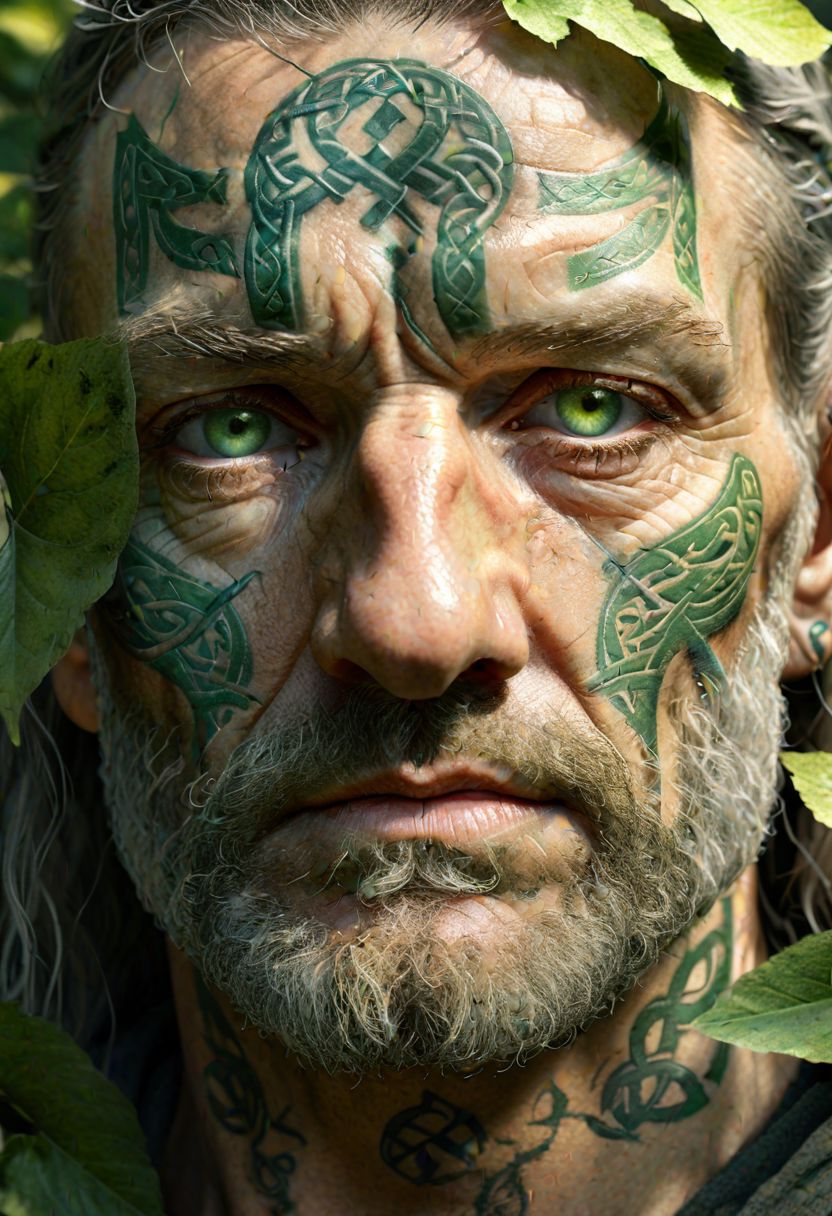 hyperrealistic close-up, aged Celtic warrior, weathered face, faded green tattoos, sunlight filtering through leaves, dappled shadows, vibrant green eyes, stoic expression, distant gaze