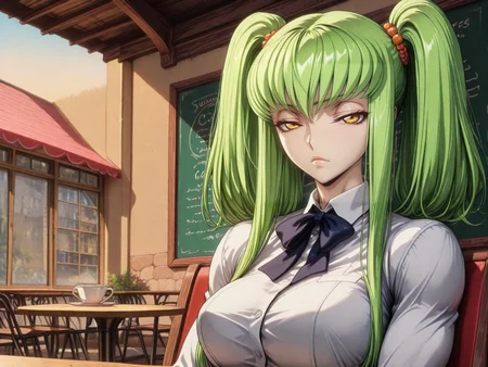 masterpiece,best quality,amazing quality,ultra detailed,
1girl,
<lora:My_Muscle_Style_1:0.3>,muscular female, fit, skinny,
<lora:HyperdetailedColoredPencilIl:0.3> ArsMJStyle, <lora:Sinozick_style:0.3>Sinozick_illu,gradient,spot color
<lora:illustriousXL_stabilizer_v1.23:0.5>
<lora:GLSHS:0.7> SHSLG
<lora:C.C._and_Kallen_Stadtfeld_Code_Geass:0.8> , C.C., green hair, long hair, yellow eyes, bangs, twintails,hair ornament,
outdoors,cafe,
school uniform,
solo,large breasts, bowtie,
dyamic angle,
close-up, portrait,
looking at viewer, narrowed eyes,
table,sitting, at table,