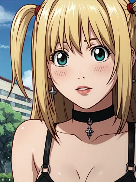 score_9, score_8_up, score_7_up, misa amane, a woman with blonde hair and a choker, jewelry, earrings, makeup, <lora:deathnote_pony_v1:0.95>