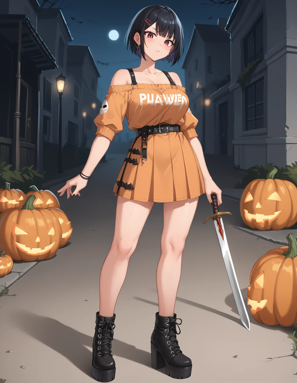 score_9, score_8_up, score_7_up, score_6_up, source_anime,
1girl, goth,
wide angle, full body,
standing,
battlefield, horror aesthetic,
pumpkins, cut up pumpkins, jack o lanterns,
pumpkinnards, standing in pumpkinnards,
sword covered in pumpkinnards,
looking down,
red hair, large breasts,
sh1tk1cker shoes,
embedding:zPDXLrl ,
embedding:zPDXL2 ,