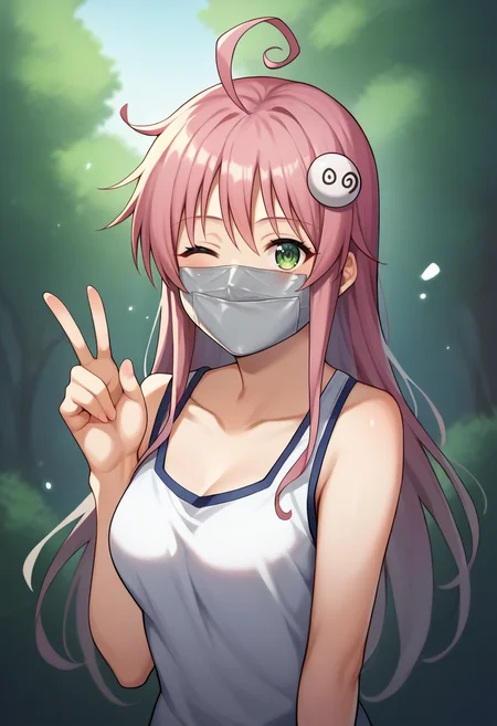 score_9,score_8_up,score_7_up,score_6_up,score_5_up,score_4_up,
1girl, lala satalin deviluke, long hair, breasts, ahoge, hair ornament, one eye closed, v, blush,
cowboy shot, solo, looking at viewer, outdoors, standing,
tape gag,
<lora:lalaponyxl:1> <lora:tapeotnponyxlmerge19:1>