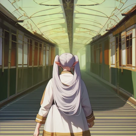 (score_9, score_8_up, score_7_up), long_shot_back_centered, out a 1girl, frieren, green eyes, grey hair, twintails, thick eyebrows, pointy ears, earrings, walking down a train track, cam_shot, cam_shot_lora
