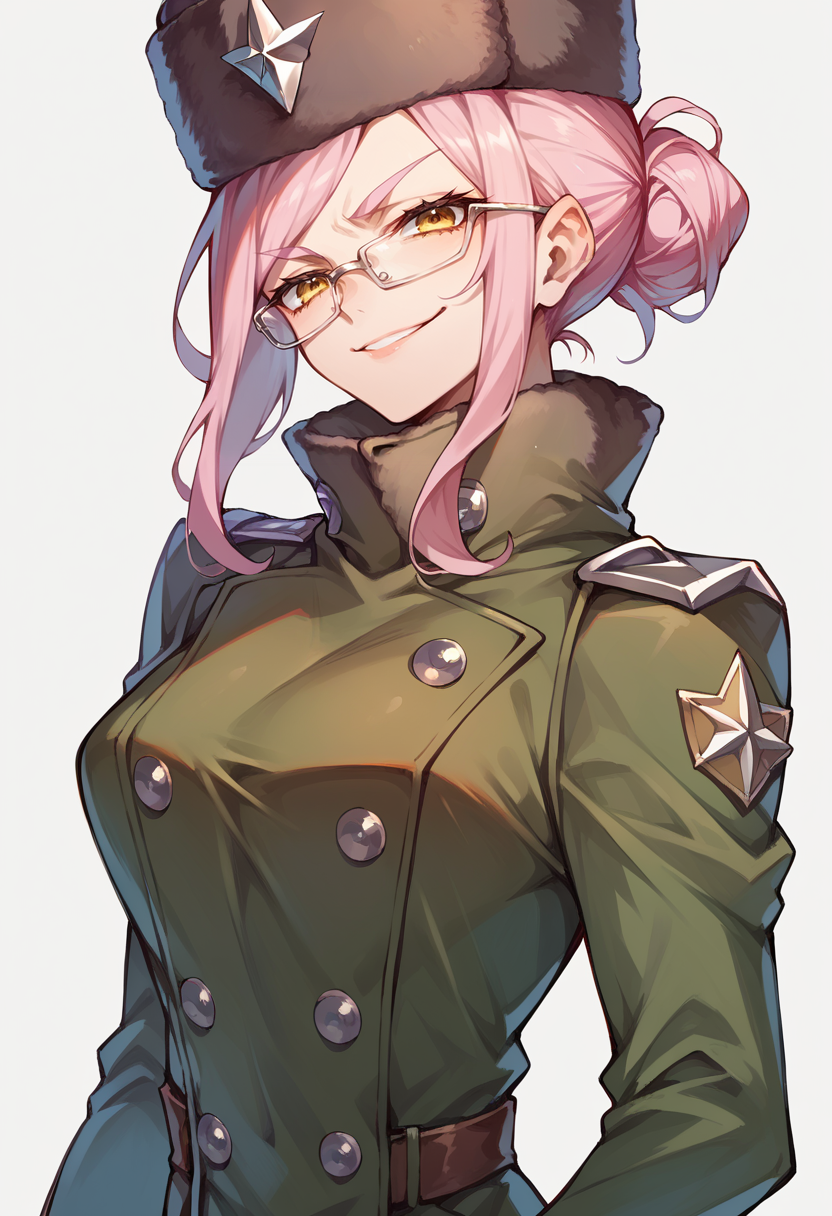 score_9, score_8_up, score_7_up, buttons, fur trim hat, glasses, hair bun, koyancomrade, long sleeves, military coat, pink hair, sidelocks, yellow eyes, human ears <lora:koyan-16:1>, large breasts, smirk