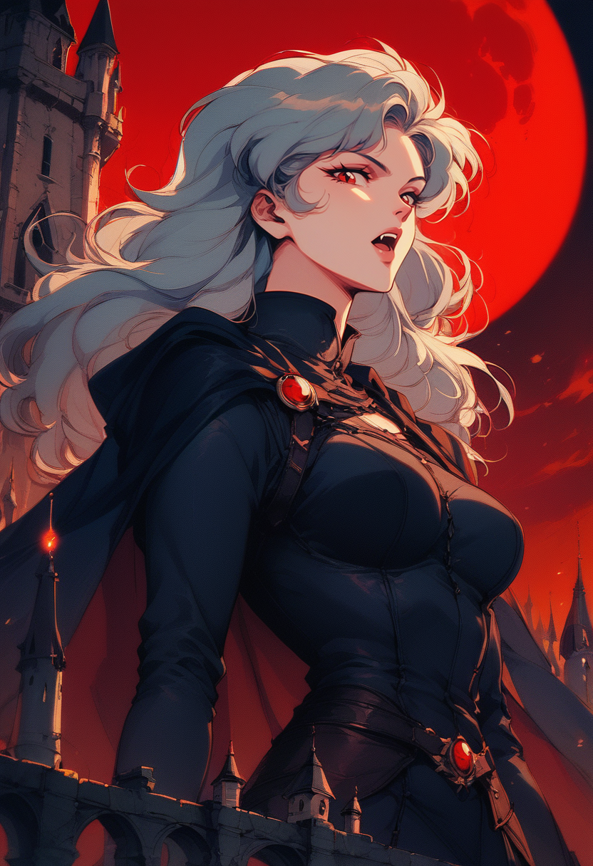 (score_9, score_8_up), score_7_up, long hair, looking at viewer, open mouth, red eyes, long sleeves, grey hair, outdoors, parted lips, sky, fang, cape, animal, moon, building, bat (animal), vampire, castle, tower, red moon, red sky, retro
<lora:nostalgia-000011:0.8>