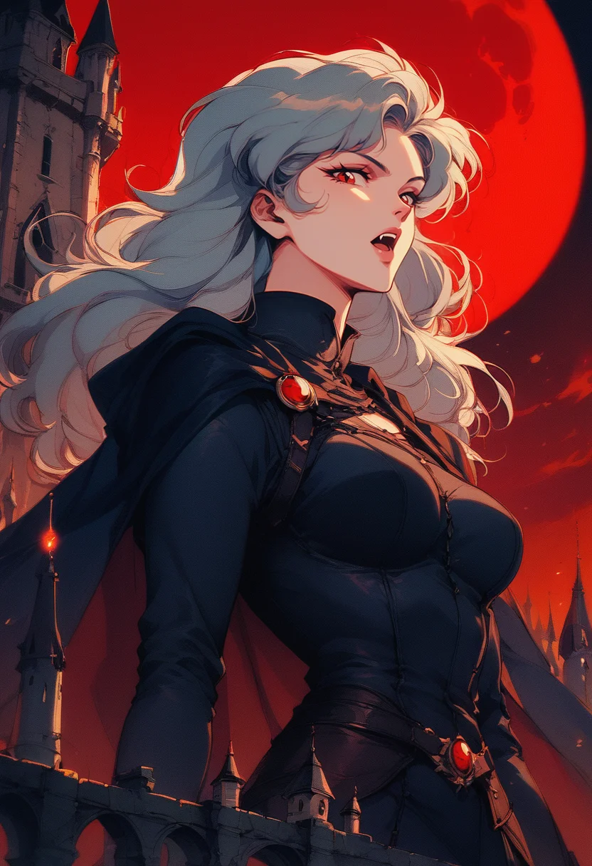(score_9, score_8_up), score_7_up, long hair, looking at viewer, open mouth, red eyes, long sleeves, grey hair, outdoors, parted lips, sky, fang, cape, animal, moon, building, bat (animal), vampire, castle, tower, red moon, red sky, retro
<lora:nostalgia-000011:0.8>