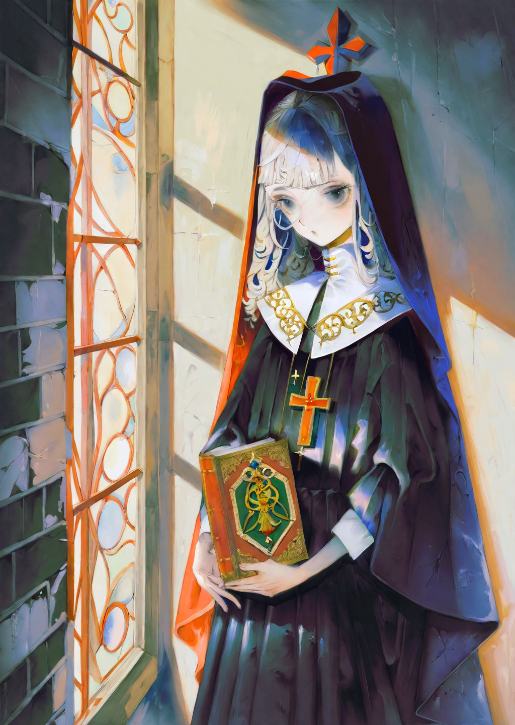 , by yogisya,  by rella
1girl, priest,
explores a dimly lit attic filled with old books, casting eerie shadows on the walls. close up
shadows, high contrast, rim light
masterpiece, best quality, high quality, highres, absurdres, very detailed, high resolution, sharp, sharp image, 8k, vivid, colorful, stunning, anime