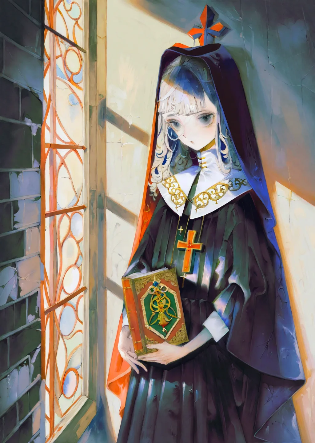 , by yogisya, by rella
1girl, priest,
explores a dimly lit attic filled with old books, casting eerie shadows on the walls. close up
shadows, high contrast, rim light
masterpiece, best quality, high quality, highres, absurdres, very detailed, high resolution, sharp, sharp image, 8k, vivid, colorful, stunning, anime