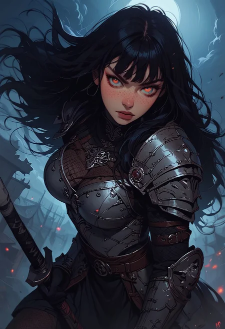 Score_9, Score8_up, Score_7_up, (((High Resolution, Best Quality))), 
1girl, beautiful, breasts, battle scarred, damaged armor, fishnets under armor, bangs, long hair, plated armour, holding sword, battle stance, dynamic angle, ancient fantasy city, battle-ready stance, dynamic pose, at night, moonlight, riding a nimbus cloud, nimbus, wukong theme, directional lighting, viewed from above,
Freckles, detailed face,