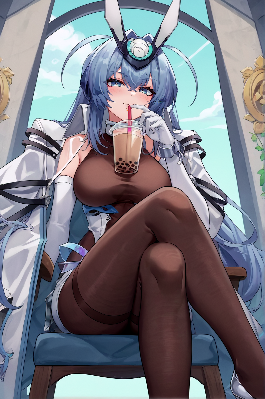 score_9, score_8_up, score_7_up,anime_source, source_anime, best background, detailed background, anime screencap  New Jersey, Main Outfit, solo, chair, crossed legs, drinking, bubble tea, seductive face, horny, naughty face,   <lora:JN_New_Jersey_Pony:0.8>