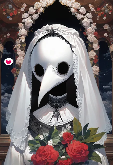 score_9, score_8_up, score_7_up, extremely detailed, detailed background, source_anime, plague doctor, long beak, white veil, fancy veil, holding poison vial, close up, white plague doctor mask, close up, gothic city background, night, lowlight, clouds of poison, white surgery dress, cute pose, excited, looking at viewer, spoken heart,
