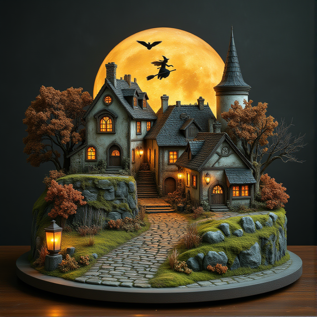 This is a miniature diorama that recreates a town lined with old buildings reminiscent of Medieval Europe, and a world where young, beautiful witches fly through the sky on broomsticks. It is placed next to a grimoire. Each roof and wall is carefully weathered, and professional lighting gives it an indistinguishable finish from the real thing.
<lora:Flux.1_Turbo_Detailer:0.7>, <lora:Diorama_Flux:0.9>
