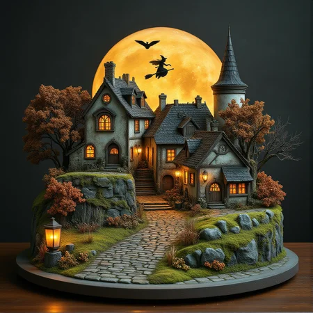 This is a miniature diorama that recreates a town lined with old buildings reminiscent of Medieval Europe, and a world where young, beautiful witches fly through the sky on broomsticks. It is placed next to a grimoire. Each roof and wall is carefully weathered, and professional lighting gives it an indistinguishable finish from the real thing.
<lora:Flux.1_Turbo_Detailer:0.7>, <lora:Diorama_Flux:0.9>