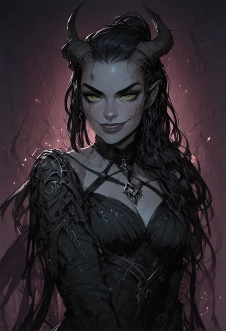 score_9, score_8_up, score_7_up, BREAK, NSFW, 1woman portrait, beautiful, dramatic lights ((Succubus, Demon Girl, Succub, horns, seductive, seductive look, goth, goth girl, goth makeup, green eyes, breasts, wings, bat wings grey skin, grey colored skin, black hair, long braided ponytail, bangs, side bangs, happy, smug))
<lora:Fant5yP0ny:0.6> <lora:fantasy_world_pony:0.9>
<lora:Cherry-Gig:0.55>