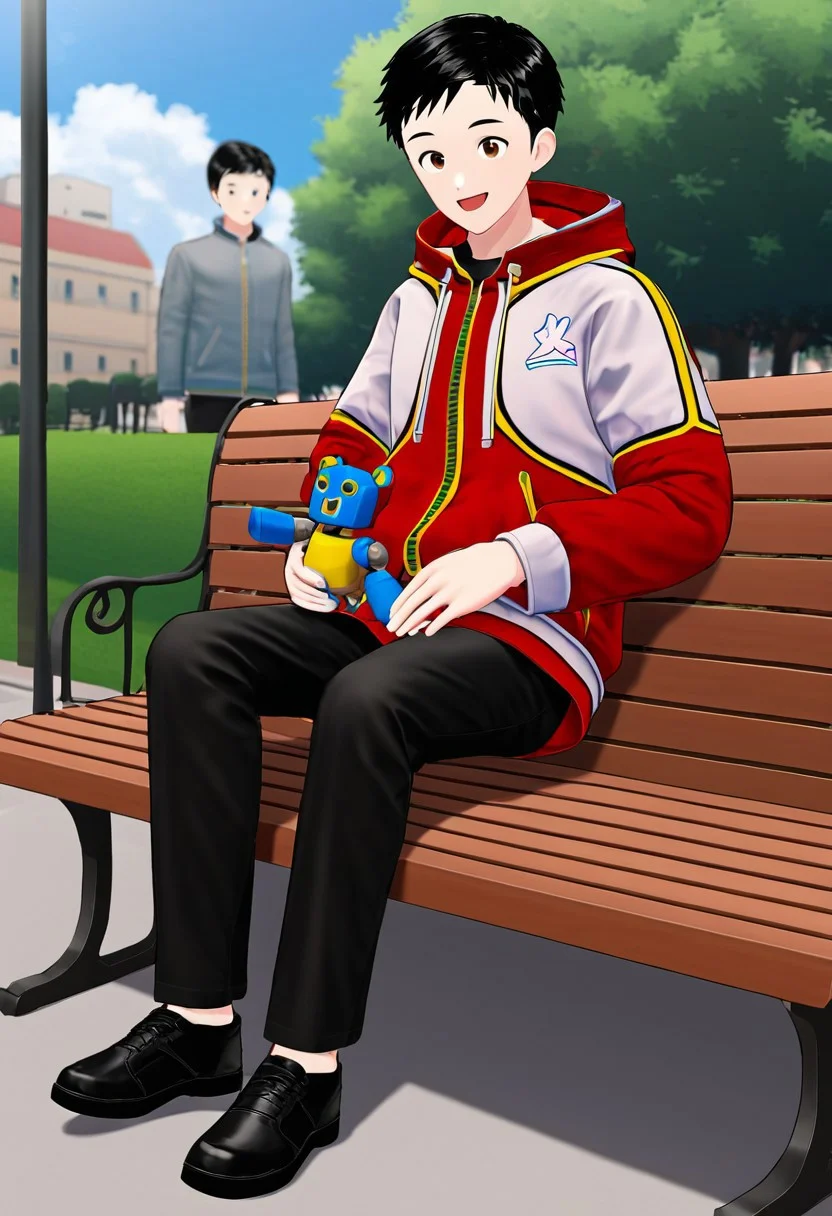 harmard, black hair, short hair, brown eyes, 1boy, (solo:1.20), solo focus, red_white_jacket, black pants, at park, happy expression, sit on bench, holding a robot toy, black shoes