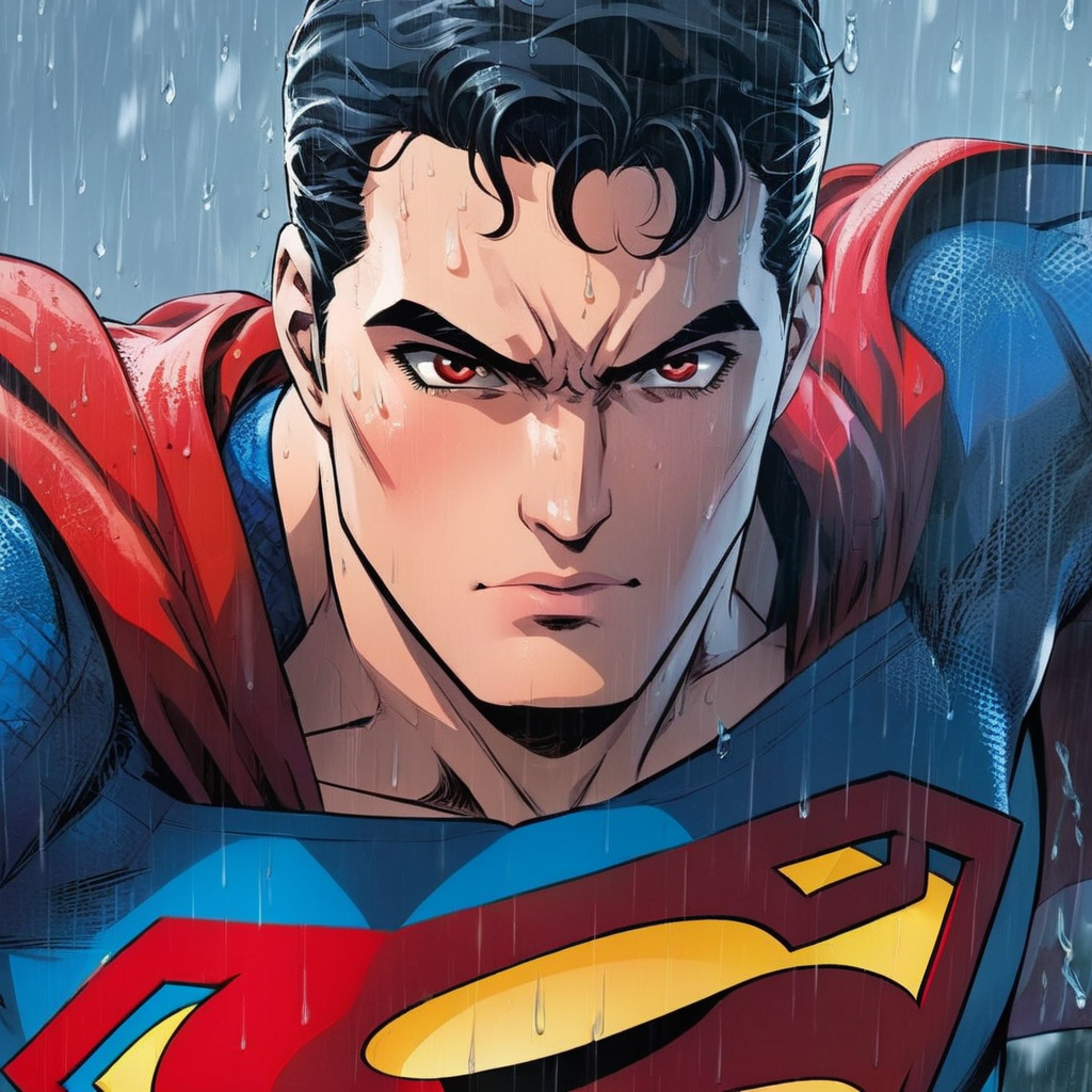 anime artwork of  <lora:anime manga girl style:1.2>
a closeup of superman with red eyes standing in the rain anime manga girl style, anime style, key visual, vibrant, studio anime,  highly detailed