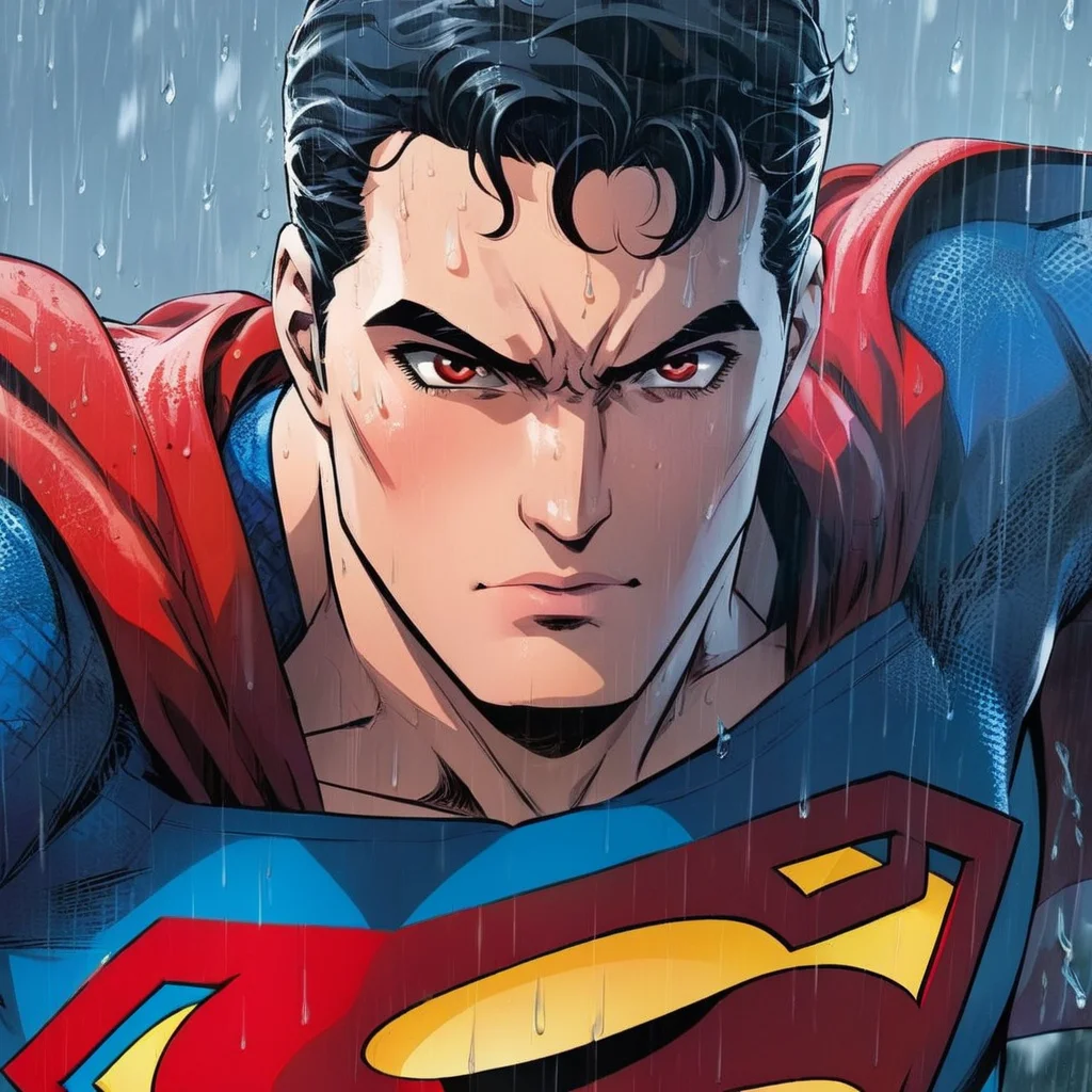 anime artwork of  <lora:anime manga girl style:1.2>
a closeup of superman with red eyes standing in the rain anime manga girl style, anime style, key visual, vibrant, studio anime,  highly detailed