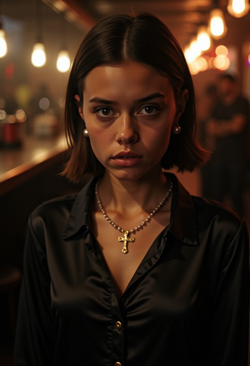 A highly detailed and cinematic photograph of a 19-year-old innocent prude Catholic school girl in a dimly lit, shady bar in the UK, surrounded by rough hooligans. She has an intimidated expression on her face, her natural skin texture and perfect hands are meticulously detailed. She wears a high-closed, tight buttoned silk blouse that accentuates her modesty, with shadows dramatically falling over her chest and a subtle dim light catching the sheen of her pageboy cut hair. Her large 34DD bust is noticeable but accidentally depicted, with a mid size crucifix necklace. A long bar full of hooligans stretches behind her, adding depth to the scene. She wears a delicate necklace with a cross and pearl earrings, adding a touch of innocence. Shot with Kodak Portra 800 film on a Hasselblad 500 camera with a 55mm f/1.9 lens, featuring extreme depth of field, high contrast, and available light. The atmosphere is cinematic, with Ultra HD, HDR, and 8K resolution, evoking tension and drama in every detail.