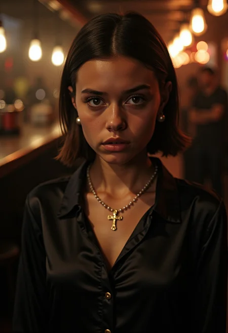 A highly detailed and cinematic photograph of a 19-year-old innocent prude Catholic school girl in a dimly lit, shady bar in the UK, surrounded by rough hooligans. She has an intimidated expression on her face, her natural skin texture and perfect hands are meticulously detailed. She wears a high-closed, tight buttoned silk blouse that accentuates her modesty, with shadows dramatically falling over her chest and a subtle dim light catching the sheen of her pageboy cut hair. Her large 34DD bust is noticeable but accidentally depicted, with a mid size crucifix necklace. A long bar full of hooligans stretches behind her, adding depth to the scene. She wears a delicate necklace with a cross and pearl earrings, adding a touch of innocence. Shot with Kodak Portra 800 film on a Hasselblad 500 camera with a 55mm f/1.9 lens, featuring extreme depth of field, high contrast, and available light. The atmosphere is cinematic, with Ultra HD, HDR, and 8K resolution, evoking tension and drama in every detail.