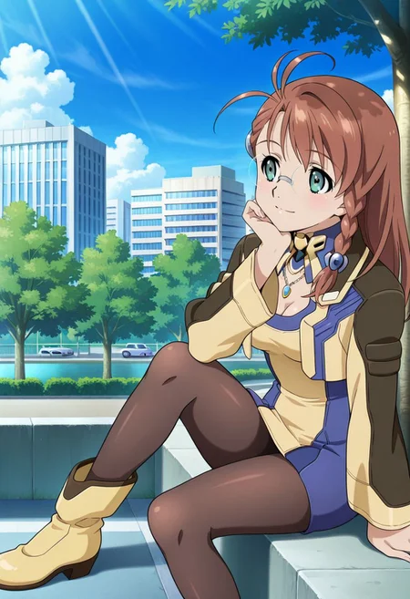 detailed eyes, beautiful, detailed background, perfect eyes,
source_anime, very aesthetic, anime coloring, masterpiece, official art,
<lora:HandFineTuning_XL:1>
BREAK,
park, cityscape, trees,
sitting, looking sideways, hand on chin,
light smile, looking sideways, full body, dynamic angle,
BREAK,
<lora:shion_illustrious_v03:0.95>
shion uzuki, brown hair, single braid, ahoge, long hair, glasses, round eyewear, parted bangs, green eyes,
cropped jacket, yellow dress, necklace, breast cutout,
pantyhose, yellow footwear,