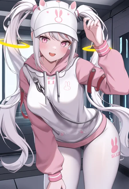 masterpiece, best quality, 1girl, solo, <lora:alice-nikke-richy-v1_ixl:1> alicehdi, pink eyes, white hair, twintails, very long hair, floating hair ornament, white hat, fake animal ears, hair through headwear, medium breasts, white hoodie, pink sleeves, white leggings,
standing, looking at viewer, smile, open mouth, blush, indoors, science fiction