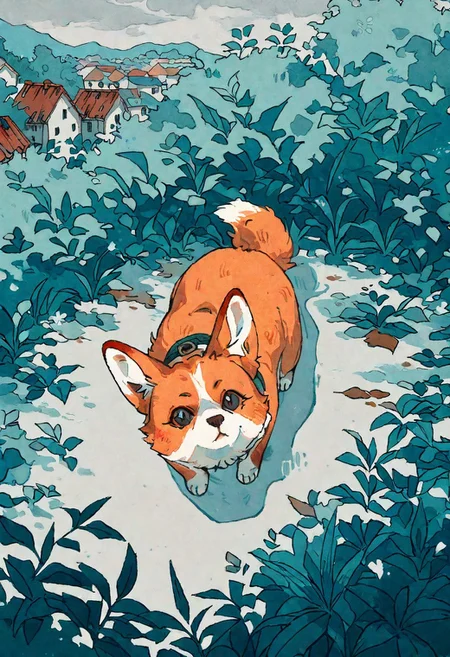 best quality, masterpiece, newest, absurd res, hi res, very awa, corgi, foxears, foxtail, honovy, studio ghibli, (juanmao1997:0.8), (tianliang duohe fangdongye:0.8),(akai sashimi:0.6), (mucknagabe:0.6), (reoen:0.4), realistic feral, slim, no sclera, solo, looking at viewer, curious, hiding in bushes, looking up at viewer, high-angle view, corrugated metal, rust, (alleyway, urban, village:1.1), cluttered, overgrown, vegetation, (rural:0.8), no humans, animal focus, japan, overcast, rain, mist, early morning, dim, ethereal, cinematic lighting, postcard, (lineart:0.6), watercolor, novel illustration, vintage,
