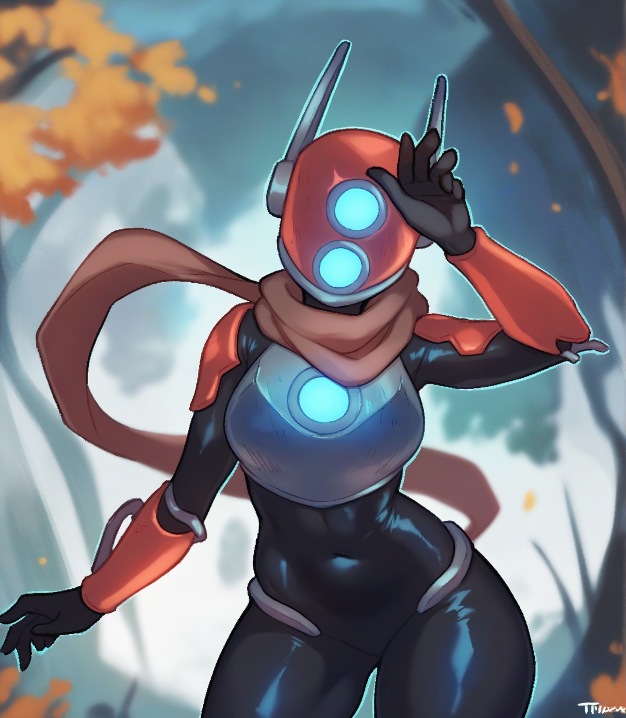 score_9, score_8_up, score_7_up, score_6_up, by ujs, by trz, by zzg, by jtv, huntress, huntress \(risk of rain\), humanoid, mammal, robot, robot humanoid, female, solo, standing, breasts, helmet, bodysuit, scarf, armor, gloves, thick thighs, breastplate, standing, looking at viewer, unusual eyes, helmet, three-quarter portrait, upper body, antennae, glowing, front view, from front
 <lora:huntress_pdxl_:0.7>