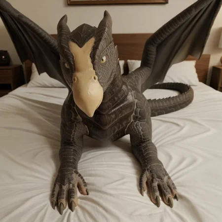 core_9, score_8_up, score_7_up, score_6_up, masterpiece, high quality, realistic, detailed, best quality, 1girl, solo, rating_safe, source_furry, bedroom, smiling, seductive, looking at viewer, lying on bed, negative_hand, lying on bed, full body, beaky_pb, dragon, gray scales, wings, beak, tail, female, 1girl, scales, yellow sclera, yellow eyes, feral