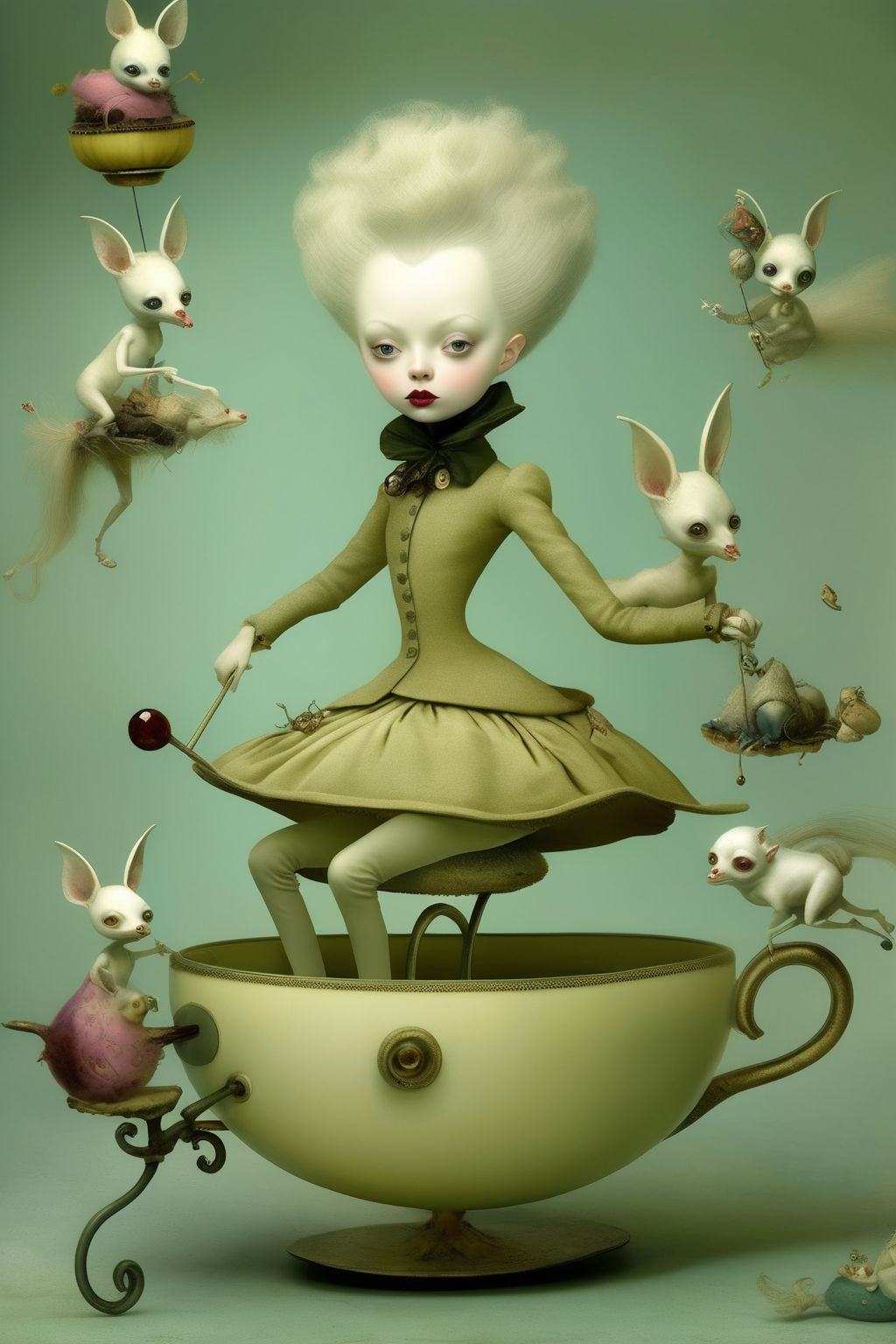 <lora:Ray Caesar Style:1>Ray Caesar Style - A whimsical teacup ride with fantastical creatures as the riders