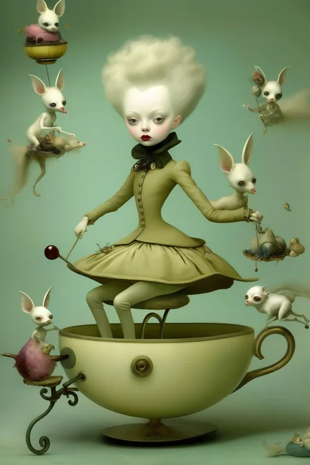 <lora:Ray Caesar Style:1>Ray Caesar Style - A whimsical teacup ride with fantastical creatures as the riders