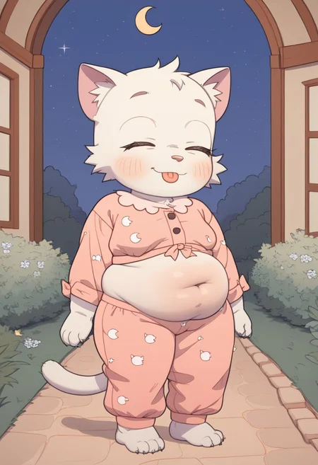 chubby cat girl cub walking in a garden at night, kitten, wearing pajamas, exposed belly, belly rolls, barefoot, cat ears, cat tail, fat legs, fat arms, chubby torso, fat rolls, smile, freackles, shortstack, solo 1girl, double chin, furry, Furry Mix, cub, cat paws, chubby feet, chubby thighs, chubby belly, sleepy mood, crescent moon, stars in the sky, young, closed eyes, sleepwalking, pastel colors, arms in front, fluffyfur, belly overhang, soles, paw beans, facing front, tongue out, possmach