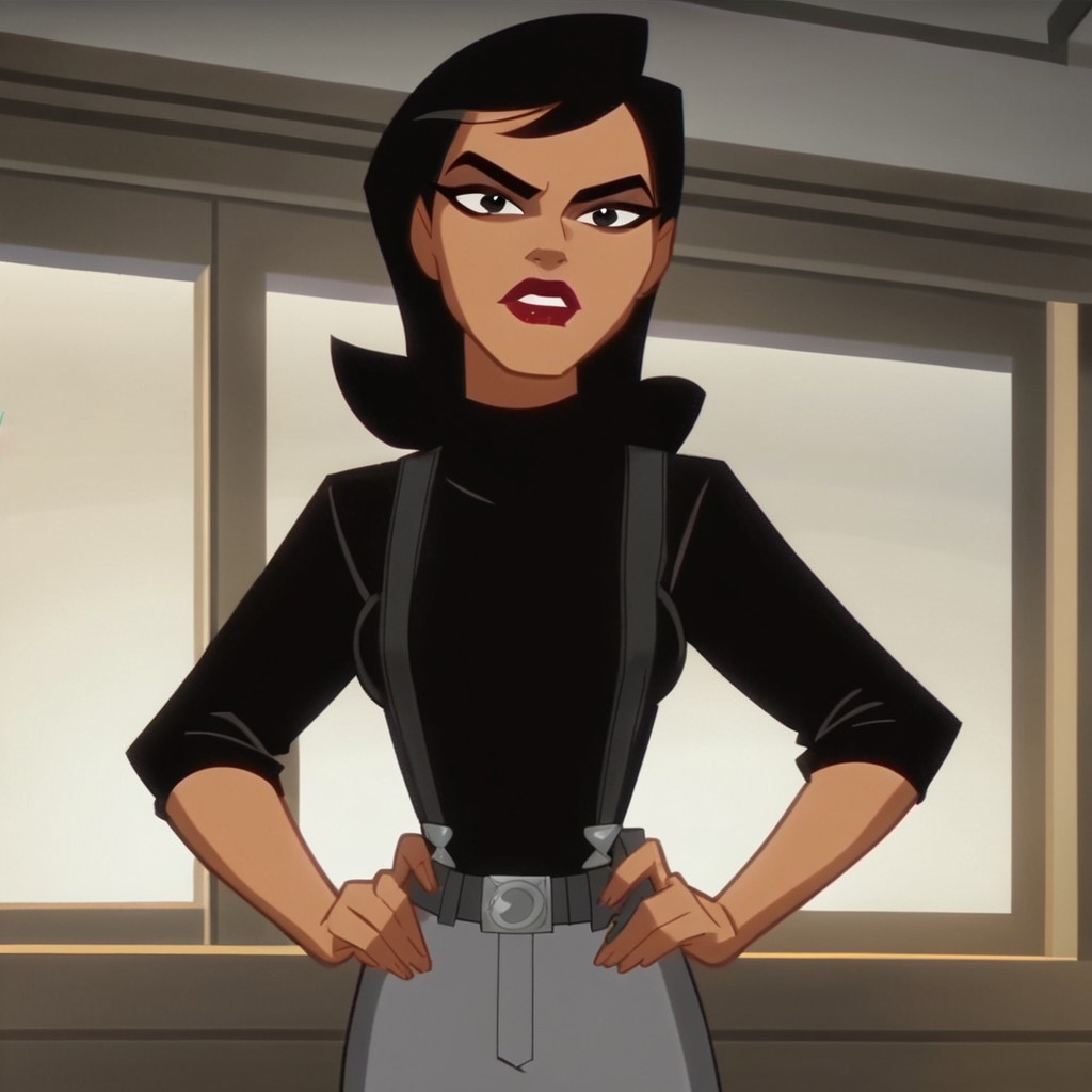 score_9, score_8_up, score_7_up, 1girl, solo, lipstick, black hair, black eyes, dark skin, black shirt, gray pants, suspenders, belt, cartoon_screencap, Renee Montoya (dc), looking at viewer, breast, indoors