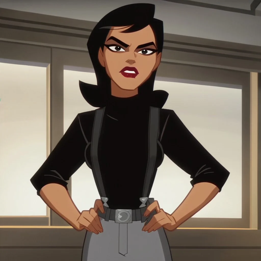 score_9, score_8_up, score_7_up, 1girl, solo, lipstick, black hair, black eyes, dark skin, black shirt, gray pants, suspenders, belt, cartoon_screencap, Renee Montoya (dc), looking at viewer, breast, indoors