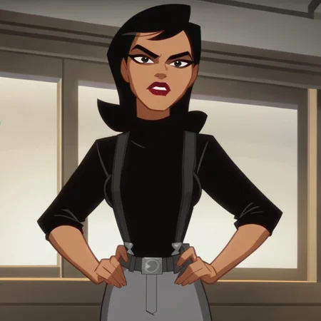 score_9, score_8_up, score_7_up, 1girl, solo, lipstick, black hair, black eyes, dark skin, black shirt, gray pants, suspenders, belt, cartoon_screencap, Renee Montoya (dc), looking at viewer, breast, indoors