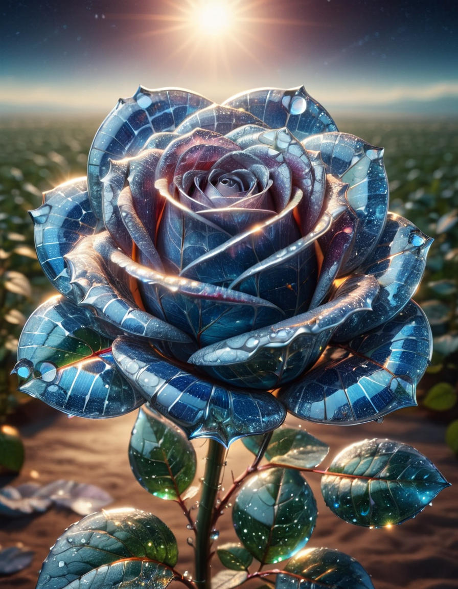 macro photo, sparkling magical fantasy glass rose dewdrop, very detailed, amazing quality, intricate, cinematic light, highly detail, beautiful, surreal, dramatic, galaxy fantasy colors, made out of ral-phtvoltc <lora:ral-phtvoltc-sdxl:1>