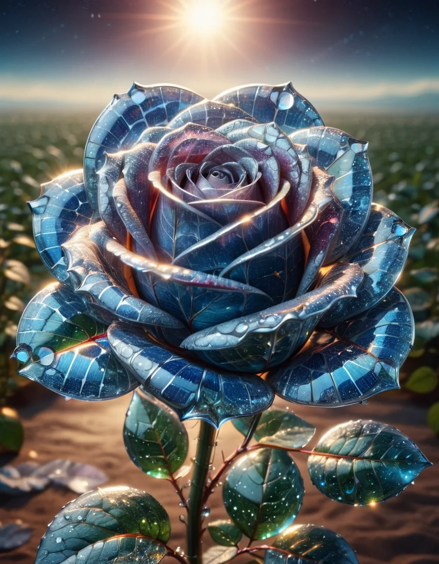 macro photo, sparkling magical fantasy glass rose dewdrop, very detailed, amazing quality, intricate, cinematic light, highly detail, beautiful, surreal, dramatic, galaxy fantasy colors, made out of ral-phtvoltc <lora:ral-phtvoltc-sdxl:1>