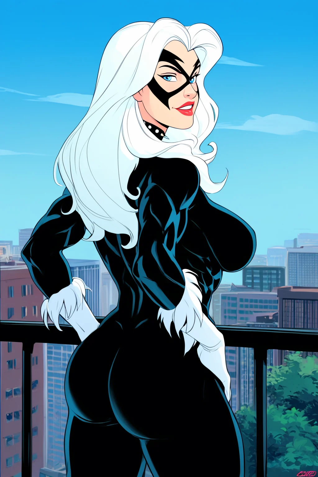 PonyXLV6_Scores BREAK (parody, retro artstyle, perfect anatomy, perfect eyes, absurd resolution), zPDXL2, BREAK <lora:Black_Cat:0.8> felicia hardy, long hair, whitee hair, blue eyes, flirting, raised eyebrow, ((looking back at viewer)), lipstick, makeup, large breasts, athletic, curvy, toned, abs, mask, domino mask, bodysuit, gloves, sexually suggestive pose, standing, hands on hip, on city rooftop, outdoors