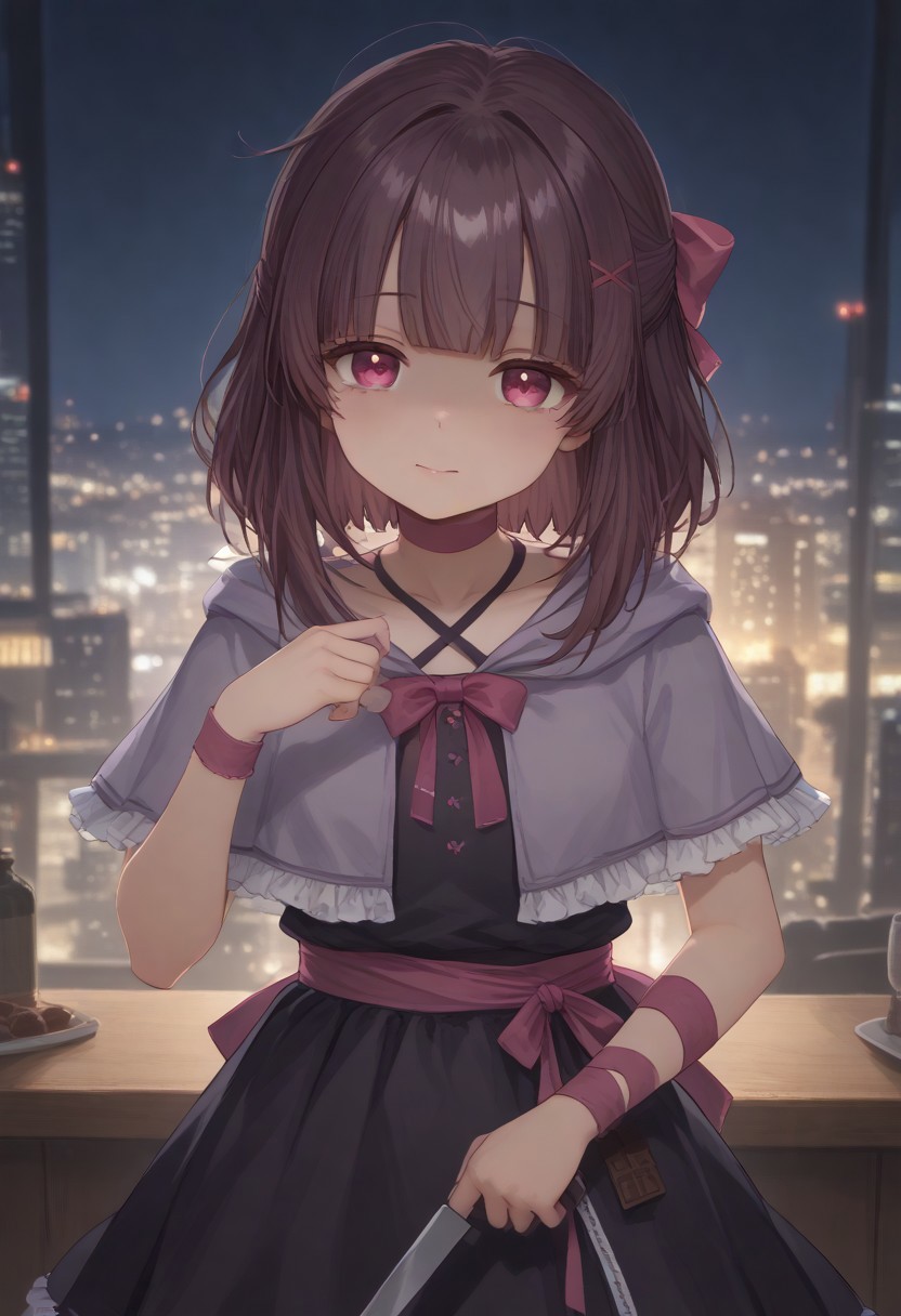 1girl, solo, solo focus, highres, absurdres, Shondo1st, bangs, pink eyes, hair bow, brown hair, medium hair, petite, sidelocks, flat chest, black dress, criss-cross halter, frilled dress, waist bow, pink bow, single wrist cuff, arm ribbon, pink ribbon, pink choker, chocolate, food-themed clothes, collarbone, grey capelet, hooded capelet, hood down,
looking at viewer, holding knife, ((shaded face,)) head tilt, kitchen knife, yandere, hand up,
cityscape, neon lights, night, night sky, dark, backlighting,