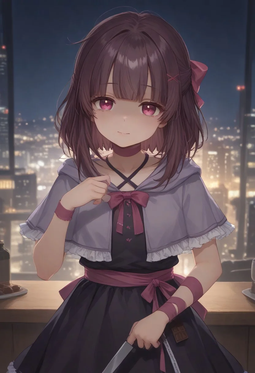 1girl, solo, solo focus, highres, absurdres, Shondo1st, bangs, pink eyes, hair bow, brown hair, medium hair, petite, sidelocks, flat chest, black dress, criss-cross halter, frilled dress, waist bow, pink bow, single wrist cuff, arm ribbon, pink ribbon, pink choker, chocolate, food-themed clothes, collarbone, grey capelet, hooded capelet, hood down,
looking at viewer, holding knife, ((shaded face,)) head tilt, kitchen knife, yandere, hand up,
cityscape, neon lights, night, night sky, dark, backlighting,