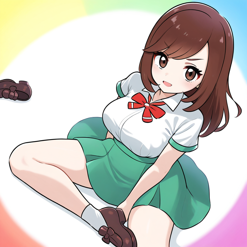 2d, masterpiece, best quality, amazing quality, highres, absurdres, newest, 1girl, solo, sitting, yokozuwari, from above, dutch angle, looking at viewer, multicolored background, simple background, colorful background, medium breasts, lasslgpe, lass \(pokemon lgpe\), brown eyes, brown hair, long hair, bangs, white shirt, collared shirt, short sleeves, red bowtie, green skirt, pleated skirt, miniskirt, white socks, ankle socks, loafers, brown footwear