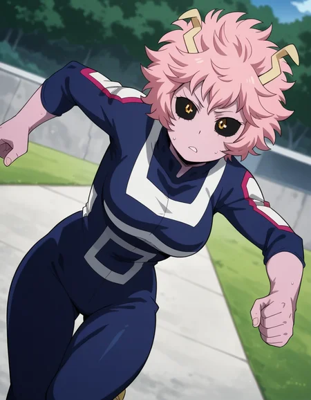 score_9, score_8_up, score_7_up, source_anime,
<lora:mina-ashido-anime-ponyxl-lora-nochekaiser:1>, mina ashido, short hair, medium breasts, yellow eyes, pink hair, horns, colored skin, colored sclera, black sclera, pink skin,
bodysuit, blue bodysuit, long sleeves, high collar, blue pants,
running, sweat, outdoors,
looking at viewer, cowboy shot, dutch angle, solo,