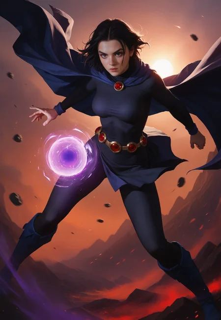 safe_pos, 1girl, raven, DC comics,
outside, magic, glowing, ethereal,
cinematic shot, portrait, medium shot, rim light, action shot, medium breasts, boots,
score_9, Score_8_up,